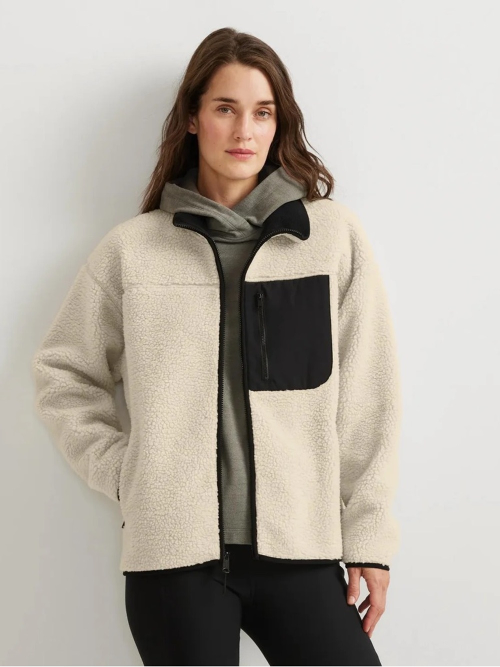 Eddie Bauer Cream Sherpa Zip-Front Jacket with Black Pocket
